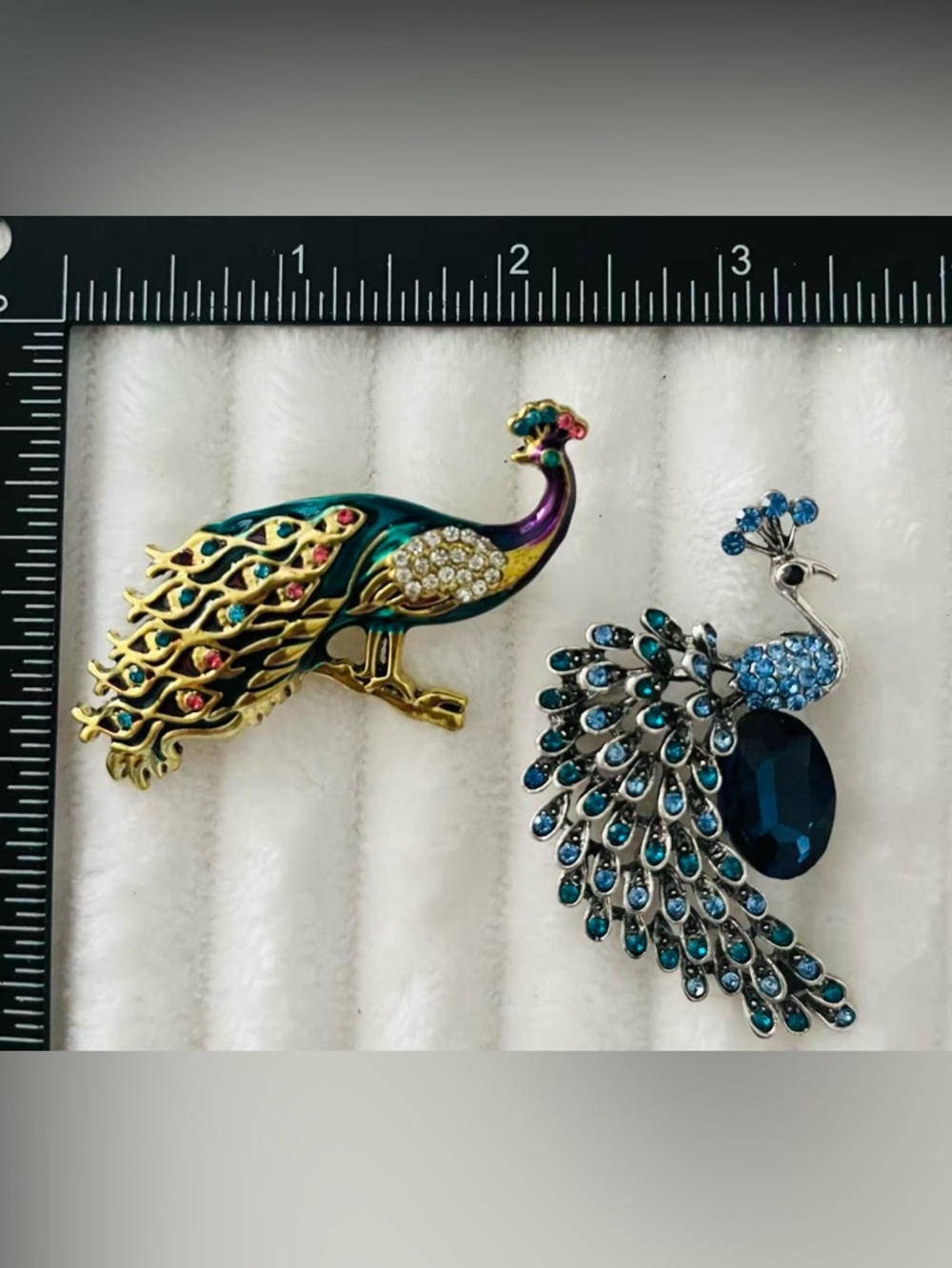 2pcs Rhinestone Enamel Peacock Bird Brooch Pins Gold Tone Statement Jewelry